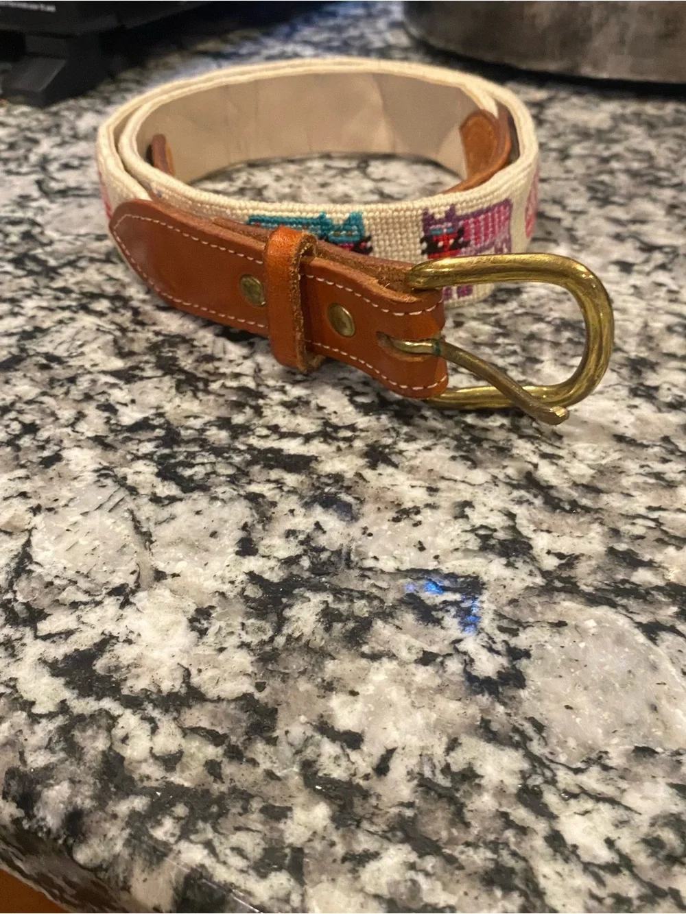 Vintage USA-Made Needlepoint Belt - Colorful Cats Motif - Size 32 Solid Brass